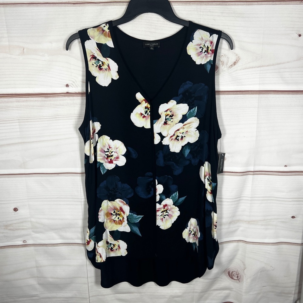 Lord & Taylor Tank Women 1X Black Floral V-Neck Sleeveless Top Woven Knit‎